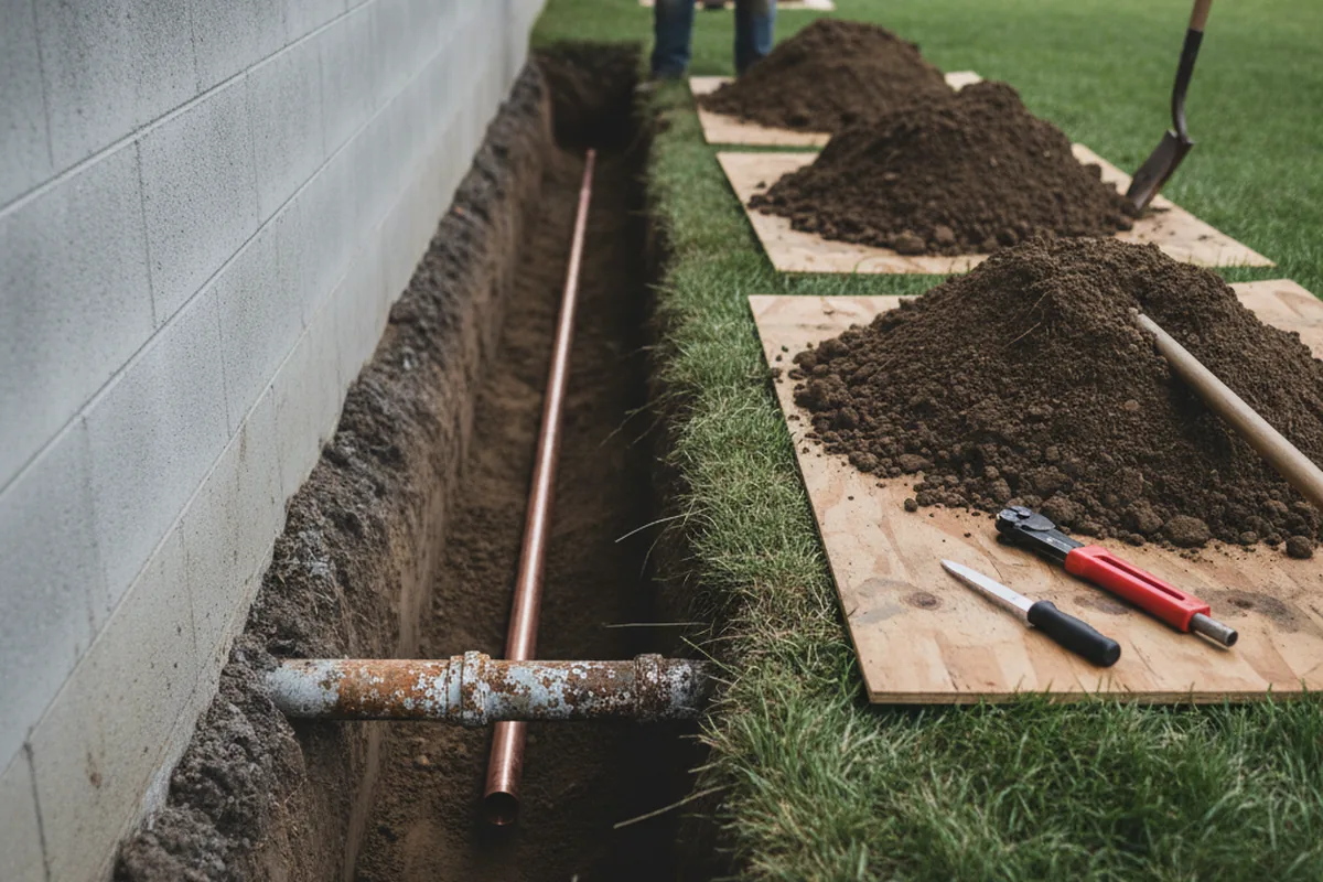 Excavated water line trench during Water Softener Installation in Canton Center
